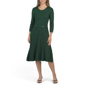 LONDON TIMES Green Long Sleeve Side Tab Fit And Flare Dress